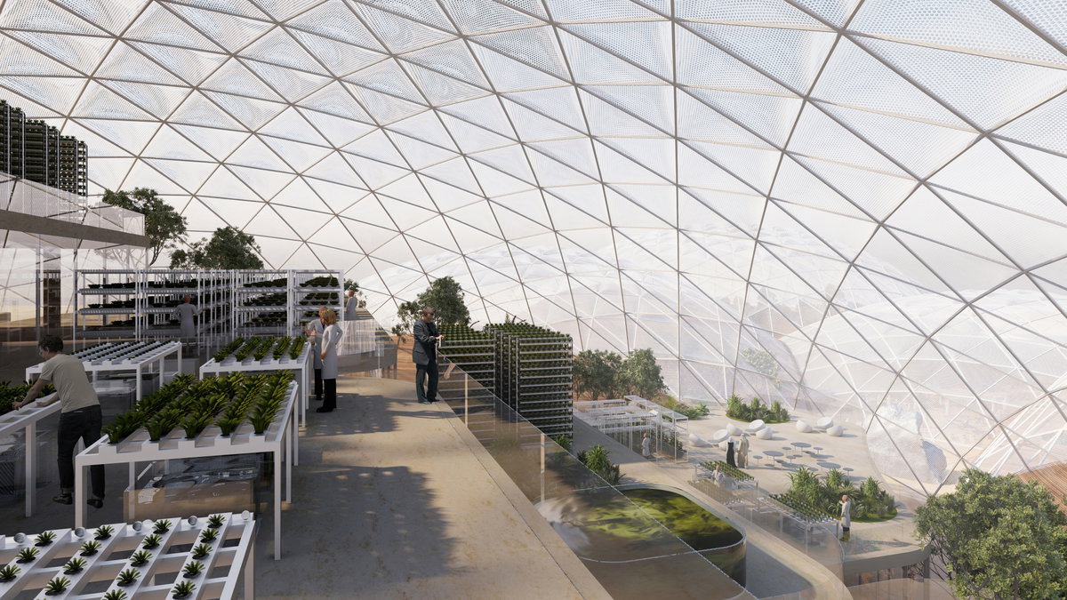Innenansicht eines Geodesic-Biodoms mit vertikalen Farmebenen, Forschern in Laborkitteln, Wasserbecken und Bäumen.