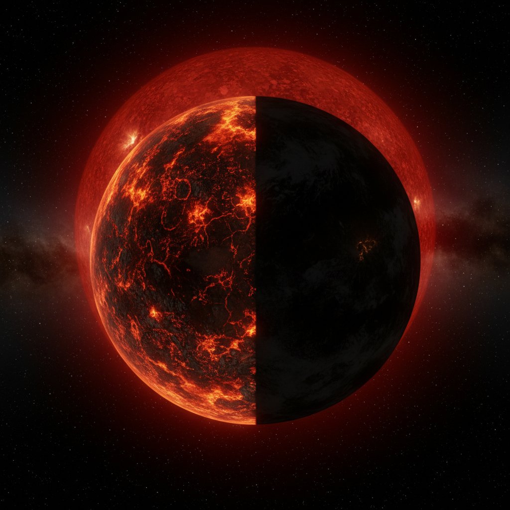 Split-Ansicht von LHS 3844 b: Links die glühend heiße Tagseite, rechts die eiskalte Nachtseite. Die scharfe Terminator-Linie zeigt, dass keine Atmosphäre die Wärme verteilt.