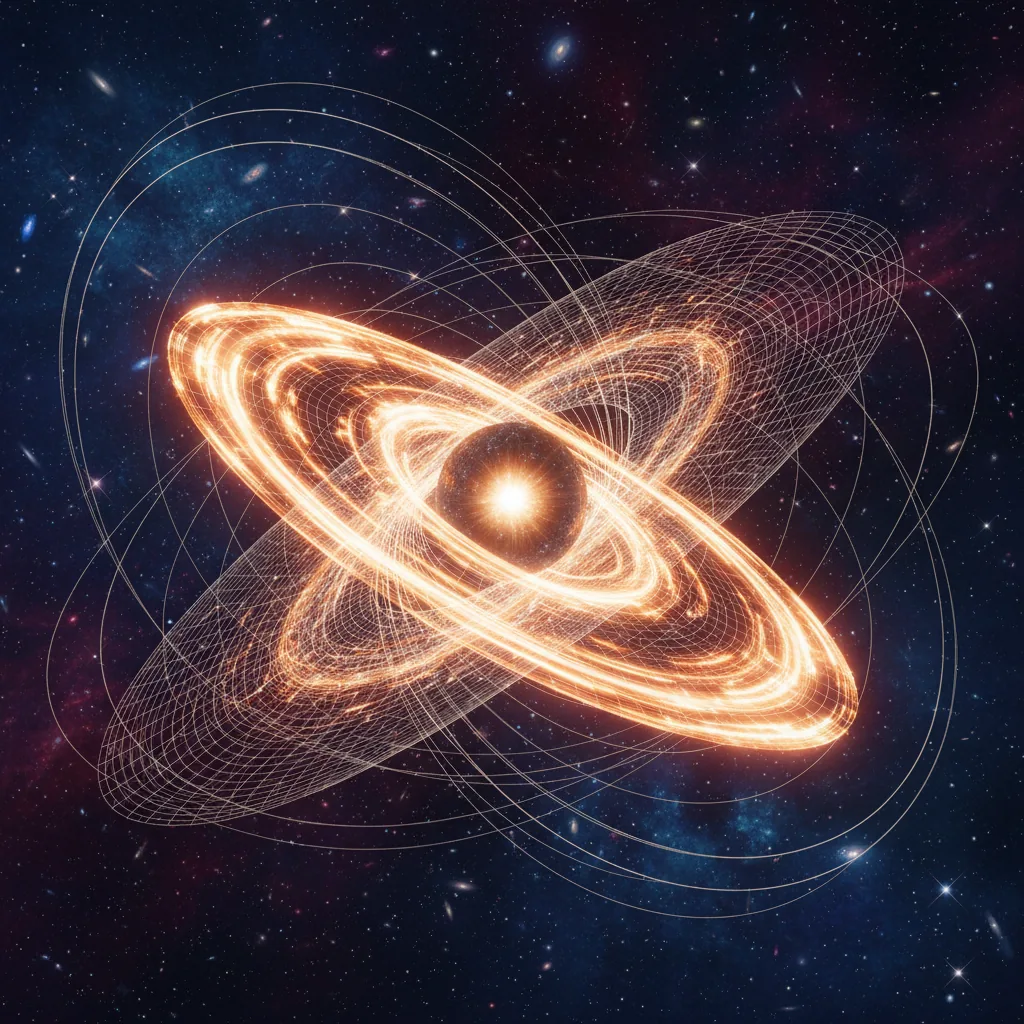 Künstlerische Darstellung des Lense-Thirring-Effekts: Ein rotierender Magnetar zieht die Raumzeit mit sich. Die taumelnde Akkretionsscheibe blockiert periodisch das Licht.