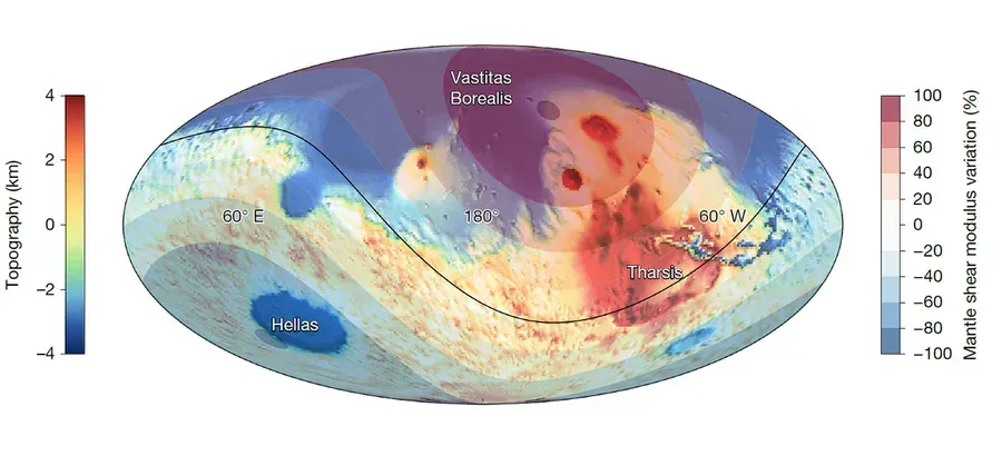 Topografische Marskarte mit dem aus Gezeitenmessungen abgeleiteten Schermodul des Mantels