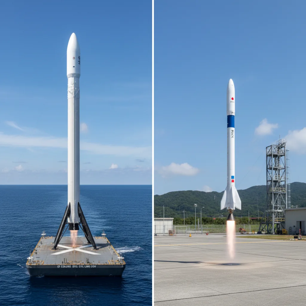 Vergleich: SpaceX Falcon 9 und Japans RV-X im Größenverhältnis. Der Größenunterschied zeigt, wie früh Japan in der Entwicklung steht.