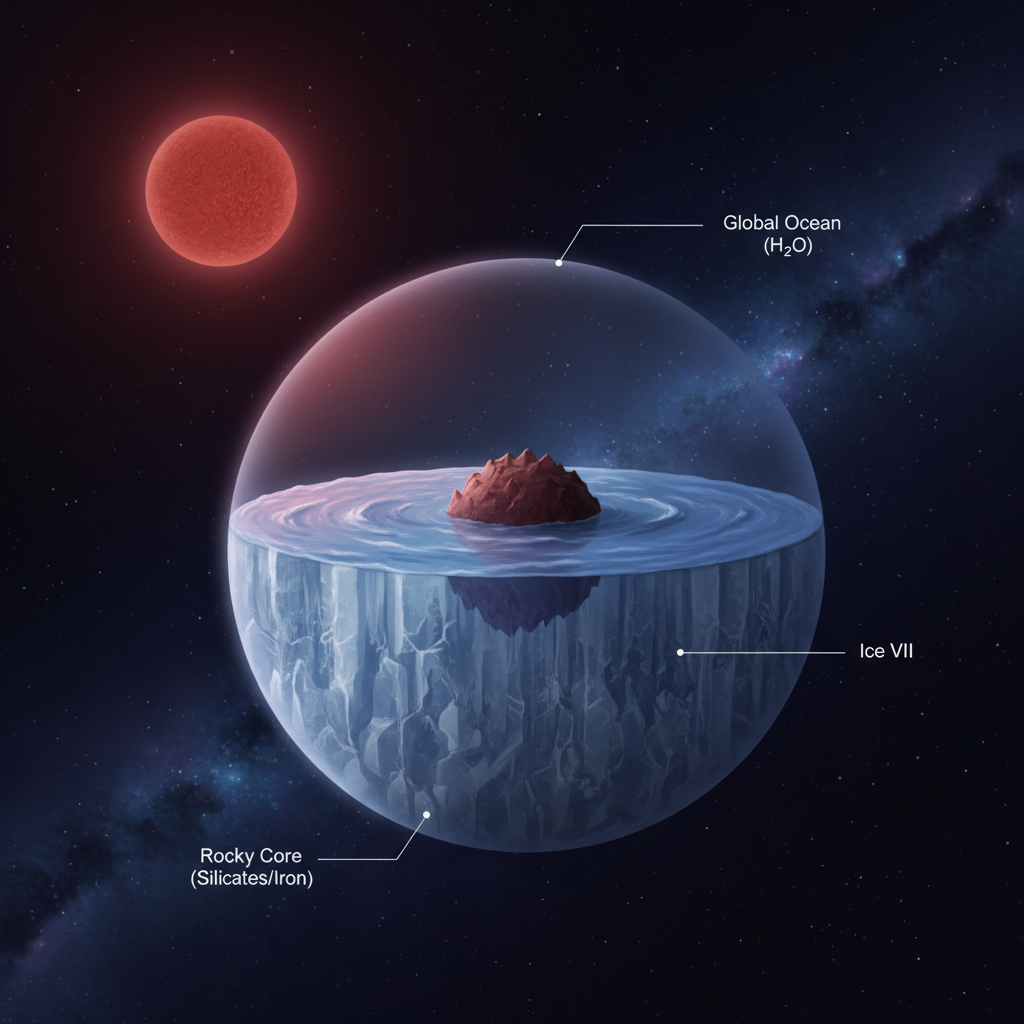 Querschnitt von TOI-1452b: Ein kleiner Gesteinskern, umgeben von einer dicken Schicht Hochdruckeis, darüber hunderte Kilometer flüssiges Wasser.