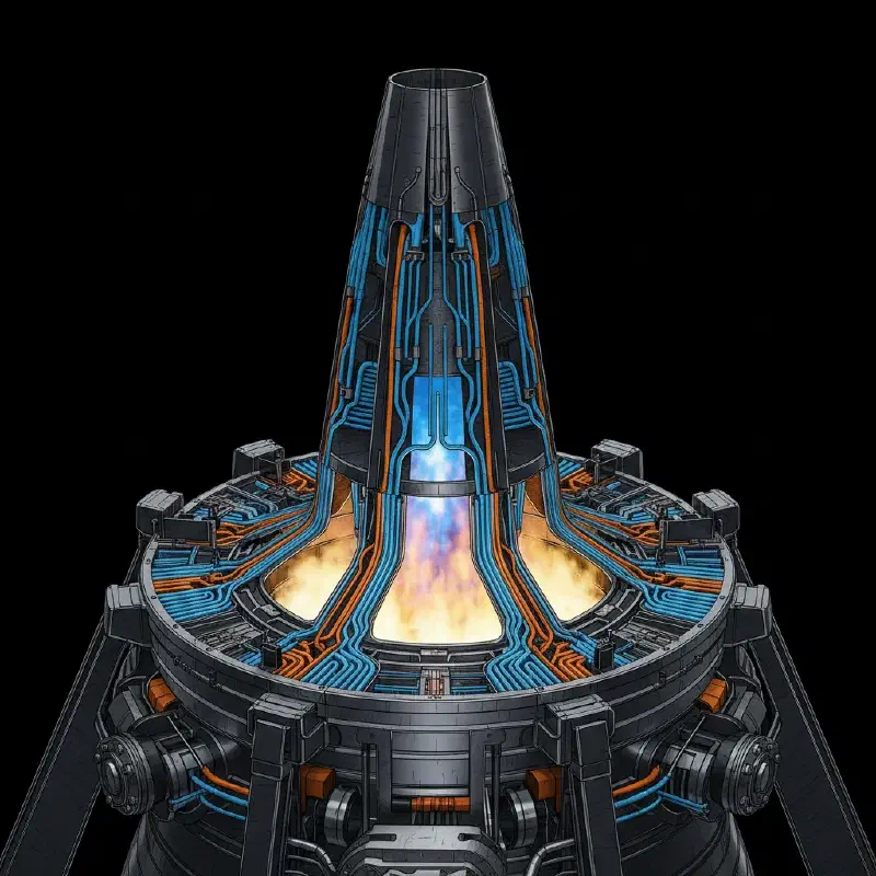 Schnittdarstellung des XRA-2E5 Aerospike-Triebwerks mit sichtbaren Kühlkanälen: Methankühlung (blau) in der äußeren Ringkammer, Sauerstoffkühlung (orange) im zentralen Spike.